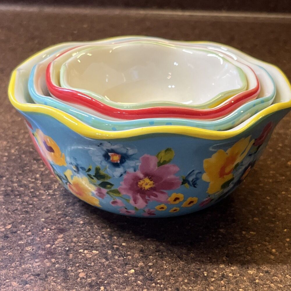 Pioneer Woman Nesting Measuring Bowls Cups Set 4 Floral Ceramic 1, 1/2, 1/3, 1/4